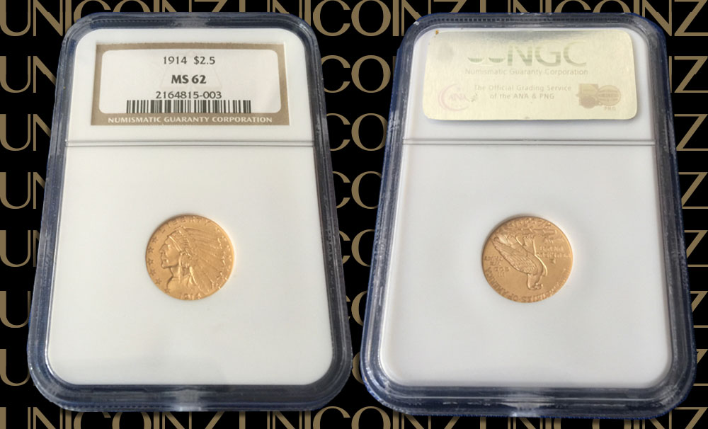 United States, Indian Head Quarter Eagle 
$2.5 Gold Coin, 1914 (Key Date) NGC MS62